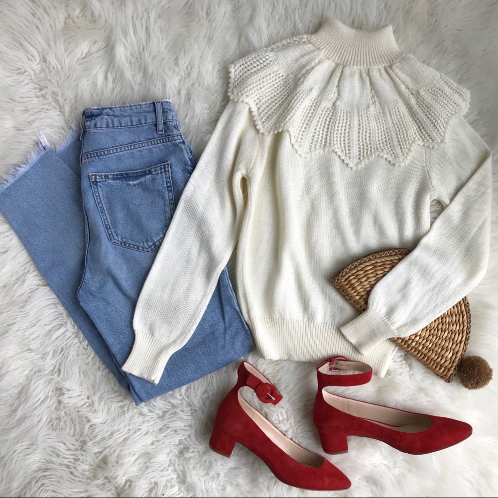 Vintage Ivory Cowl Neck Sweater with Red Suede Heels